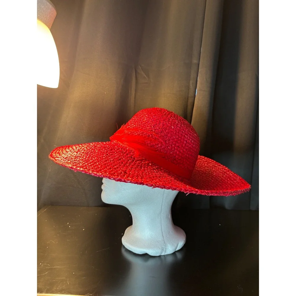 Vintage Red Woven Straw Wide Brim Sun Hat with Feather Detail Floppy Derby Hat
